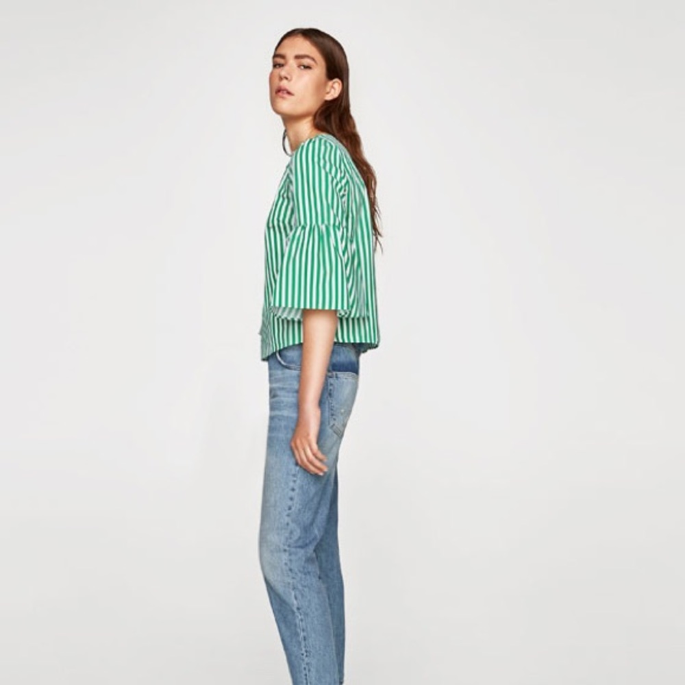 NWOT Zara Striped Poplin Pearl Bell Sleeve Blouse - Picture 3 of 6